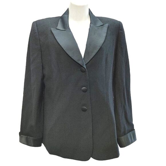 Valerie Stevens 100% Wool Blazer Jacket Satin Peak Lapel Collar Black Womens 10 - Picture 1 of 6